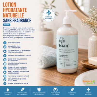 Lotion hydratante naturelle sans fragrance 500 ml Malté fabriquée au Québec