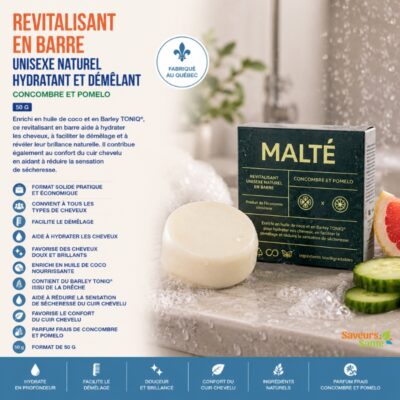 Revitalisant unisexe naturel hydratant et démêlant en barre Concombre et Pomelo 50 g Malté fabriqué au Québec