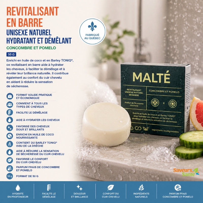 Revitalisant unisexe naturel hydratant et démêlant en barre Concombre et Pomelo 50 g Malté fabriqué au Québec