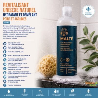 Revitalisant unisexe naturel hydratant et démêlant Poire et Agrumes 500 ml Malté fabriqué au Québec