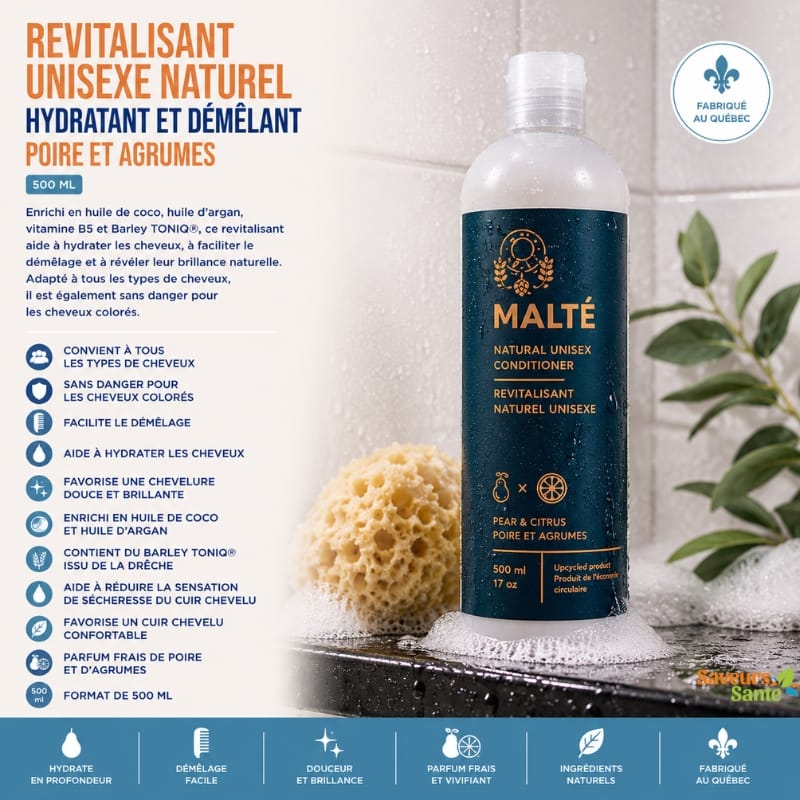 Revitalisant unisexe naturel hydratant et démêlant Poire et Agrumes 500 ml Malté fabriqué au Québec