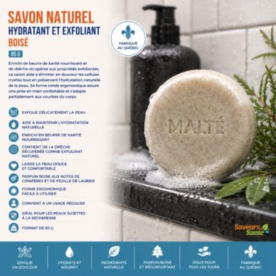 Savon naturel hydratant et exfoliant Boisé 85 g Malté fabriqué au Québec