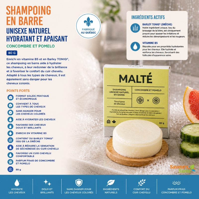 Shampoing unisexe naturel hydratant et apaisant en barre Concombre et Pomelo 80 g Malté fabriqué au Québec