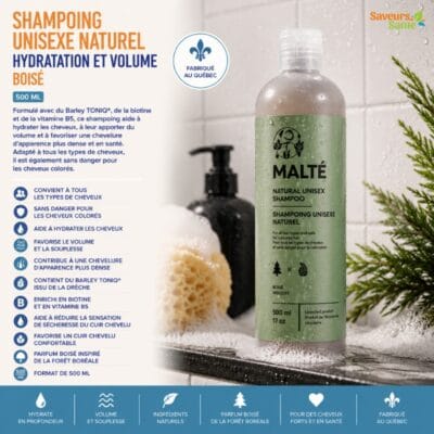 Shampoing unisexe naturel hydratation et volume Boisé 500 ml Malté fabriqué au Québec