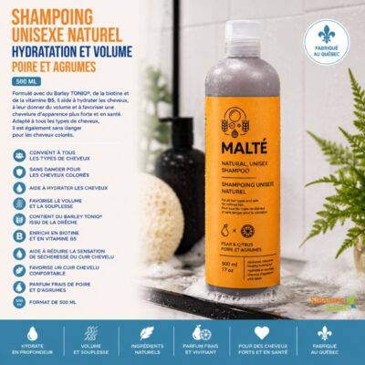 Shampoing unisexe naturel hydratation et volume Poire et Agrumes 500 ml Malté fabriqué au Québec