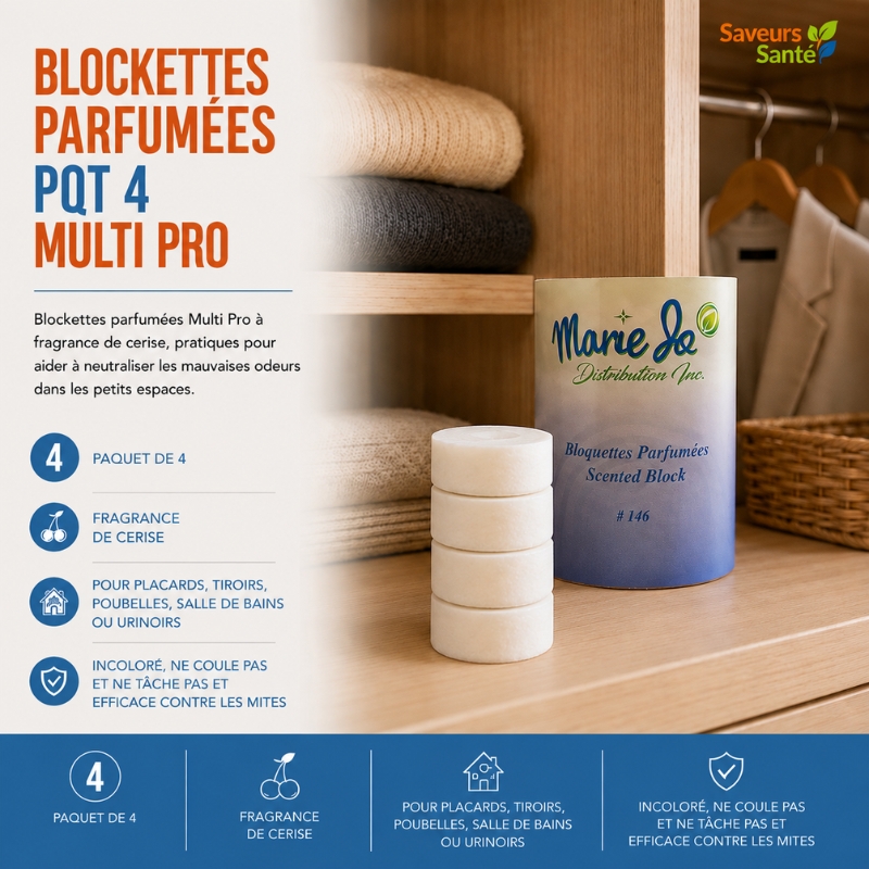 Paquet de 4 blockettes parfumées Multi Pro à la fragrance de cerise pour aider à neutraliser les mauvaises odeurs dans les placards, tiroirs, poubelles et autres petits espaces.