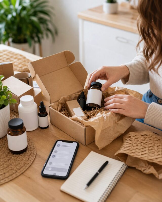 Personne préparant une petite commande de produits naturels à la maison