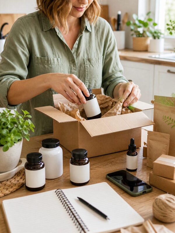 Personne préparant une petite commande de produits naturels à la maison