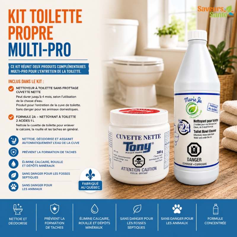 Kit toilette propre Multi-Pro comprenant le Nettoyeur à Toilette Sans Frottage Cuvette Nette et le Nettoyant à toilette Formule 2A 1 L.