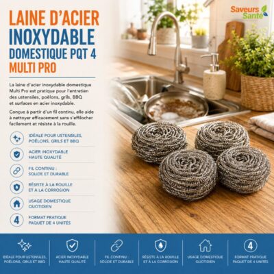 Paquet de 4 laines d’acier inoxydable domestiques Multi Pro pour nettoyer casseroles, BBQ et surfaces en acier inoxydable.