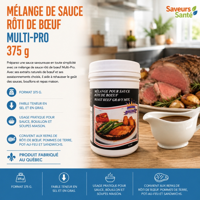 Mélange de sauce à rôti de bœuf Multi-Pro 375 g pour préparer une sauce riche et savoureuse accompagnant les viandes et les plats mijotés.