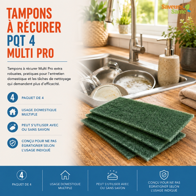 Paquet de 4 tampons à récurer Multi Pro pour nettoyer casseroles, poêlons, grilles de BBQ et surfaces de cuisine.