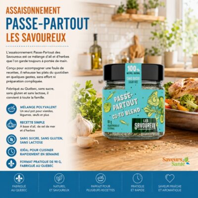 Passe-Partout Les Savoureux 90 g, assaisonnement tout usage à l'ail et aux herbes fabriqué au Québec
